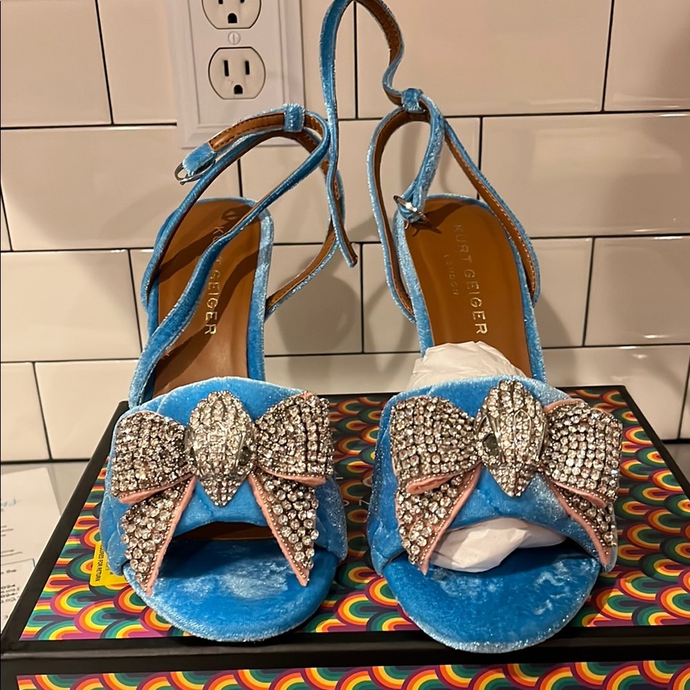 Kurt Geiger Blue Velvet Heels with Rhinestone Bow